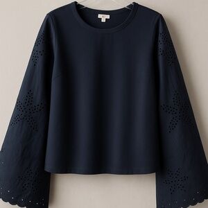 Eliane Rose Navy Eyelet Bell Sleeve Blouse | Scalloped Hem | Size L
